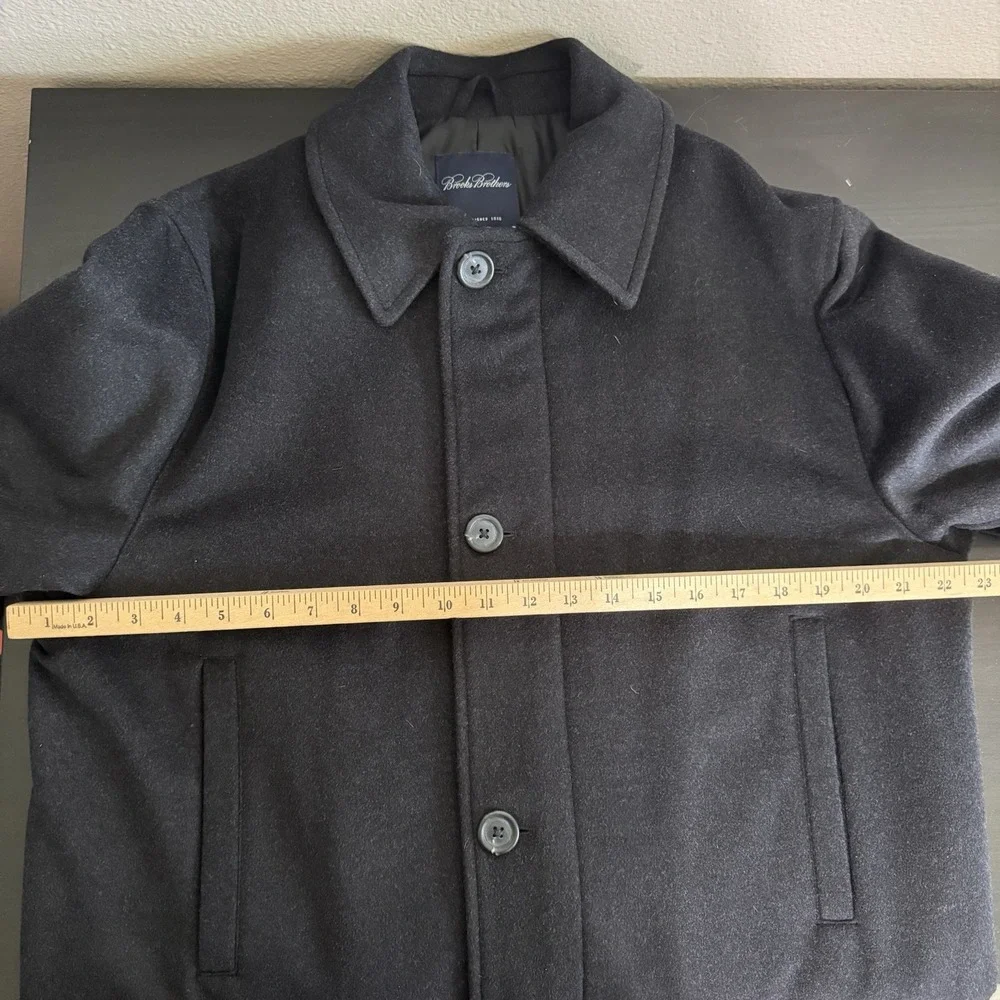 BROOKS BROTHERS‎ Cashmere Blend Coat Medium Wool Black Full Zip Buttons 4 Pocket